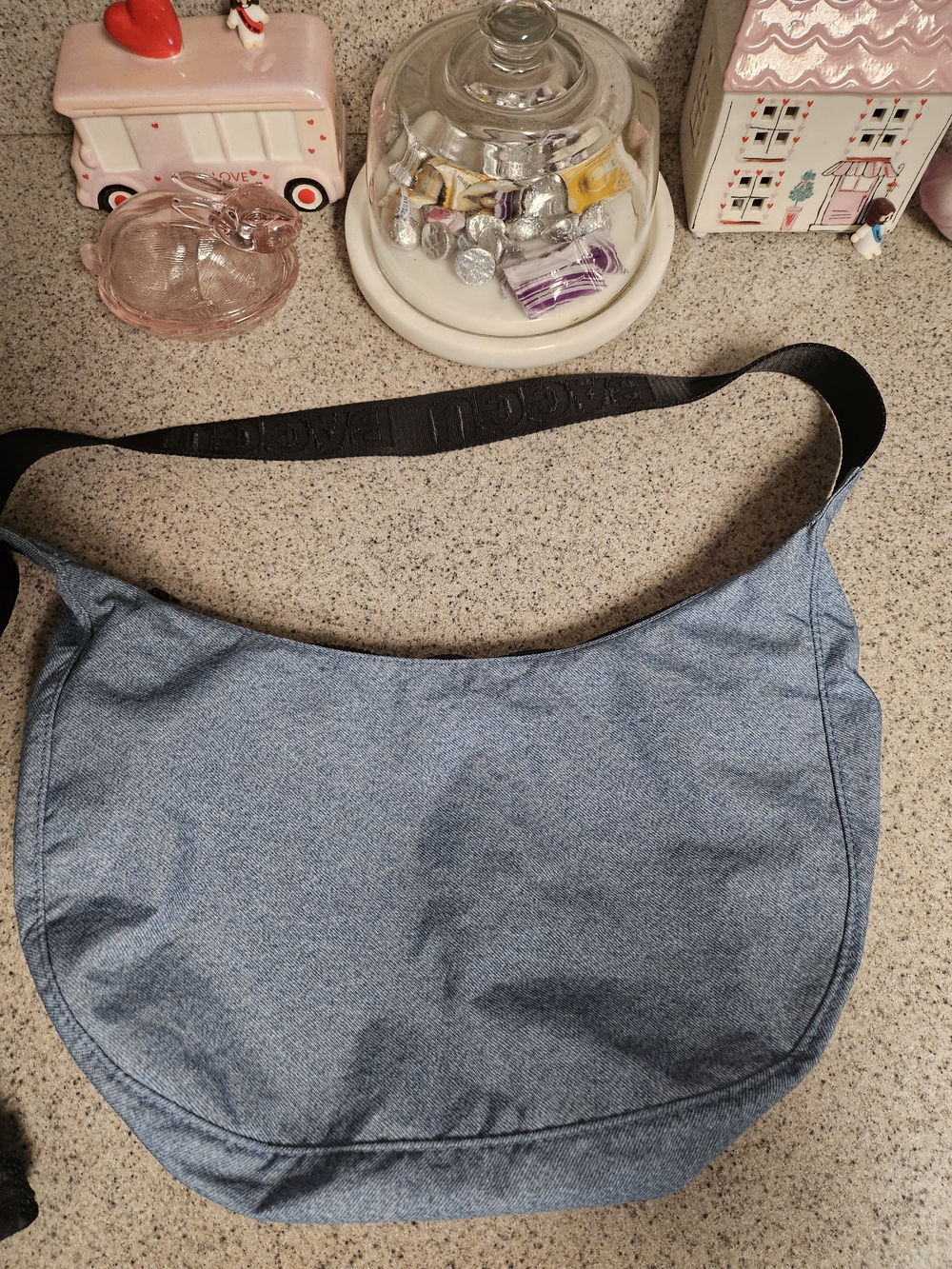 BAGGU Medium Light Blue Denim-Effect Shoulder Bag with Black Strap